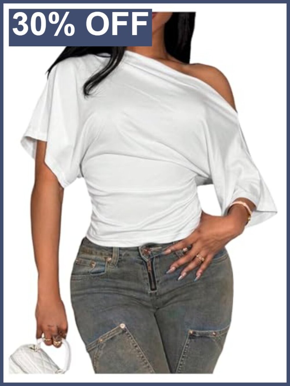 Off Shoulder Ruched Waist Crop Top Short Sleeve Summer